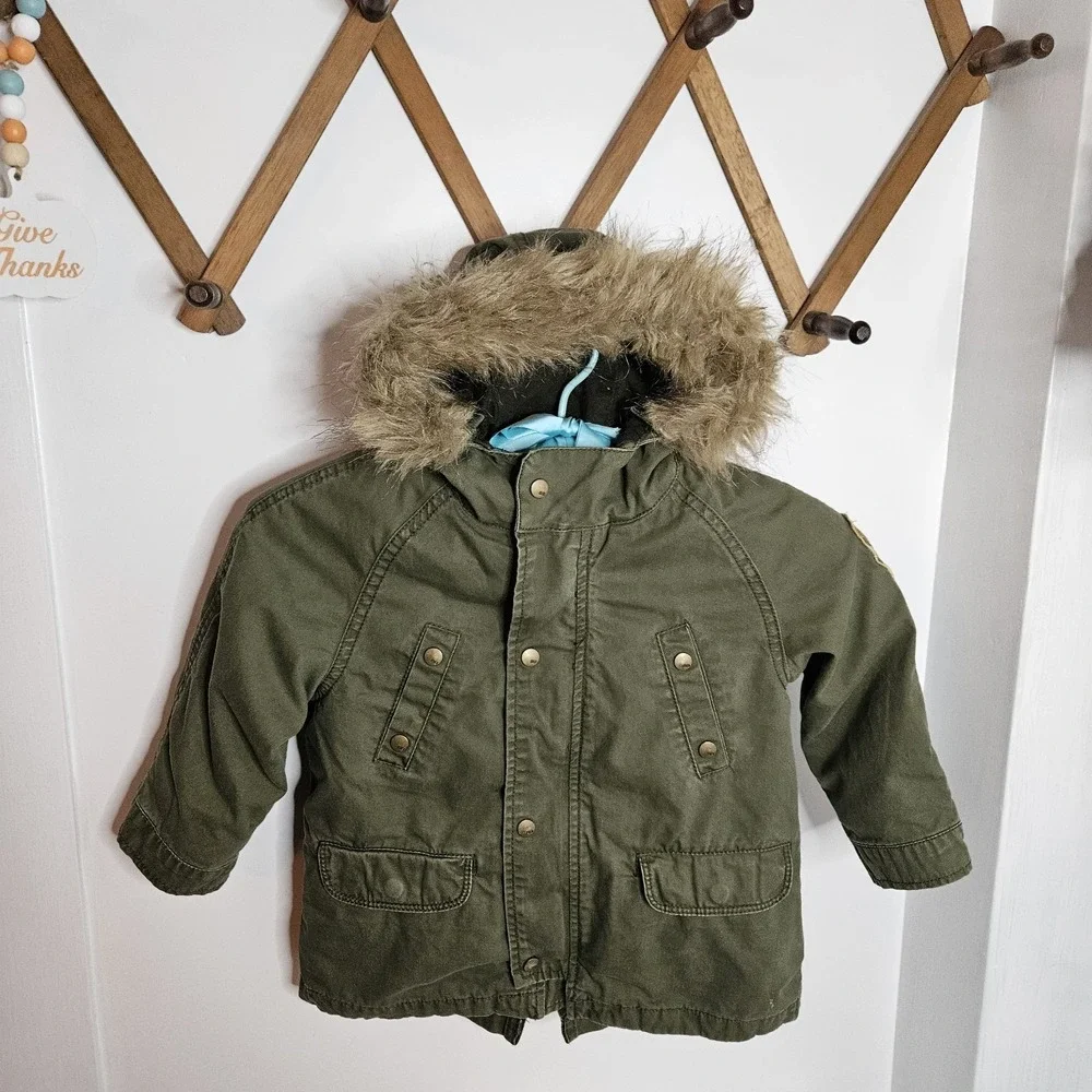 Zara Baby Boy  Army Green Faux‎ Fur Hooded Winter Jacket Coat Size 18 24 Months